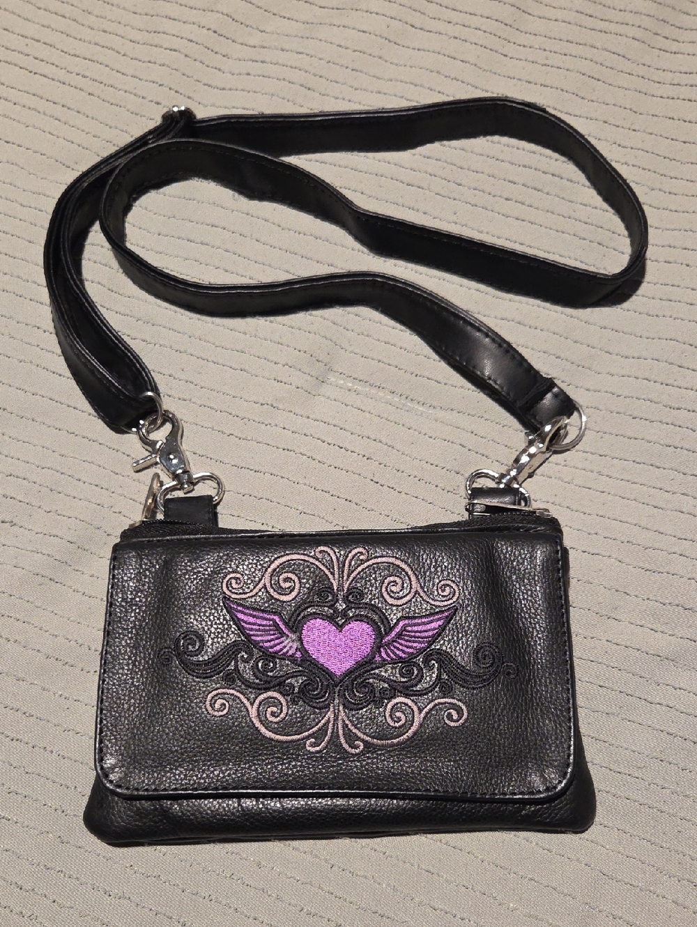 Black Crossbody Bag with Purple Heart Wing Embroidery